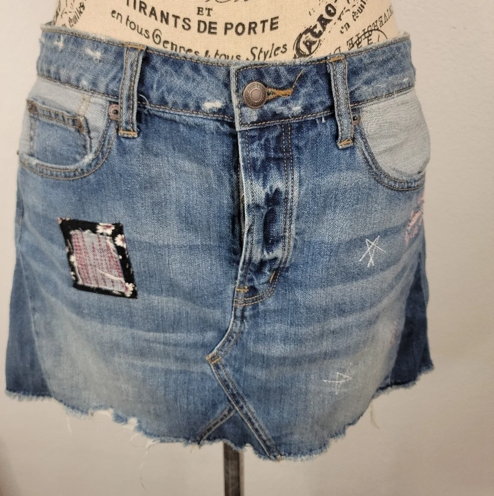 American Eagle Sz 8 Denim Skirt Button Fly Patchwork 100% Cotton 90s Y2K